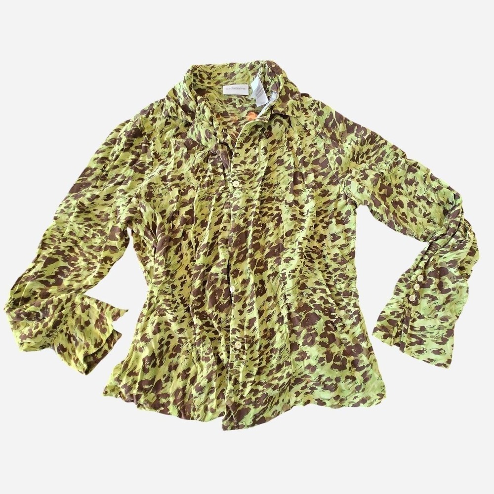 y2k plus size silk green leopard cheetah button up blouse / XL 16 / office, work